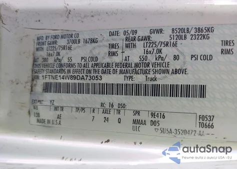 2009 Ford Econoline E150 Van z USA, uszkodzony, nr VIN 1FTNE14W89DA73053